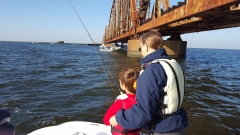 Dylan and Grandmother fishing under Railroad Bridge - 20151011_090630 (1)